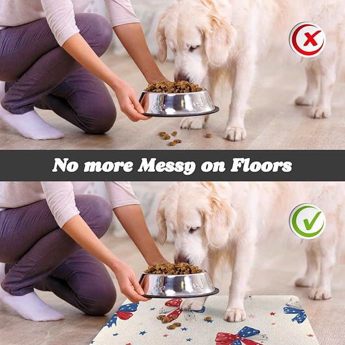 Bow and Star Pattern Pet Cat Dog Food Mat Non Slip Mat for Dog Water Bowl Mat 11.8 x 15.8 inch Quick Dry Absorbent Cat Feeding Mat, Easy to Clean