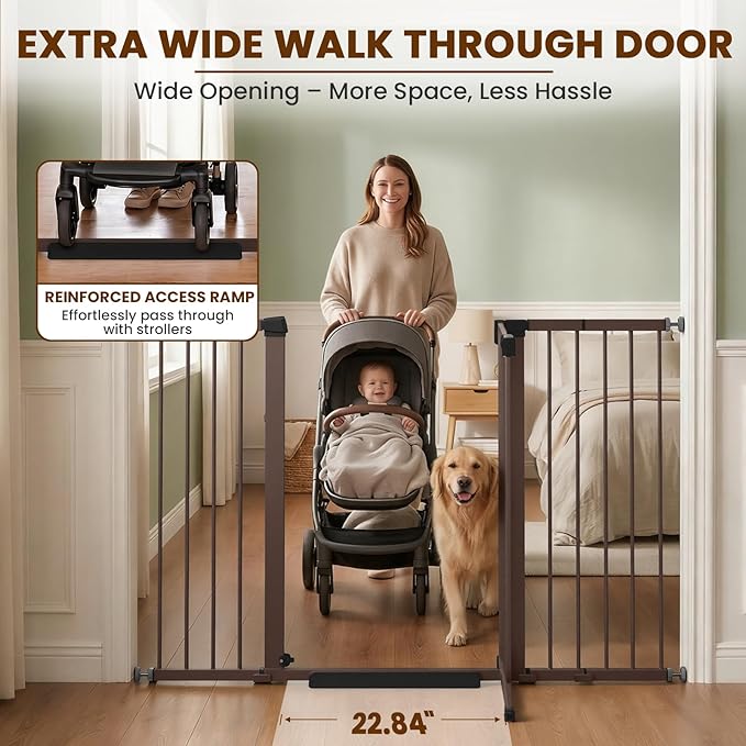 Mumeasy 36" Extra Tall Baby Gate for Doorways, 29.7"-57" Extra Wide Dog Gate for Stairs, Pressure Mounted Auto Close Pet Safety Gate with Easy Walk Thru Door, Large Indoor Child Gate for House, Brown