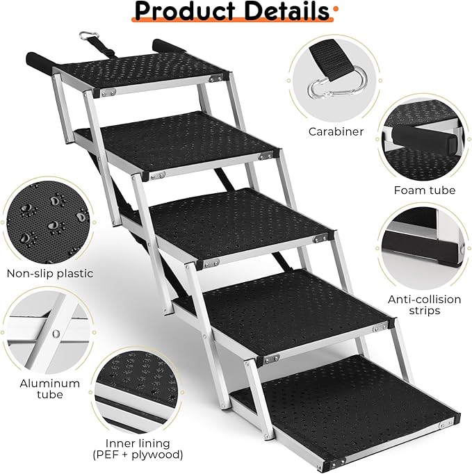 Car Ramp for Dogs – Adjustable Foldable Dog Ramp for Cars, Trucks & SUVs | Non-Slip Rug Surface, Supports Small/Large Dogs Up to 250 lbs | 5-Step