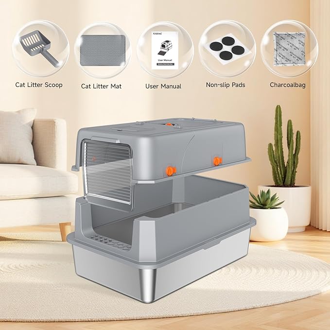 Stainless Steel Litter Box with Lid, High Sided Enclosed Metal Litter Box for Big Cats, Easy Cleaning Anti-Urine Leakage, Non-Sticky Cat Box, Front Entry Top Exit KittyBox, Includes Mat & Scoop