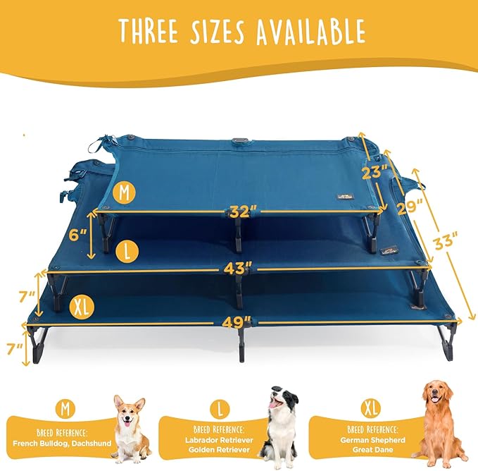 CANINE CANYON Folding Raised Dog Cot, Large Outdoor Elevated Dog Bed with Upgraded Non-Slip Feet, Cooling Chew Proof Portable Heavy Duty Pet Cot Up to 160 lbs for Camping/Home, Dark Blue, 43"x27"