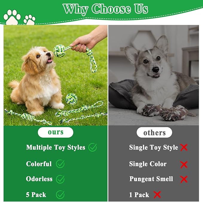 ASOCEA 5 Pack Dog Rope Toys Cotton Puppy Teething Chew Toys for Small Dogs Puppies Interactive Tug Toy for Training Fetching Boredom Relief（Green）