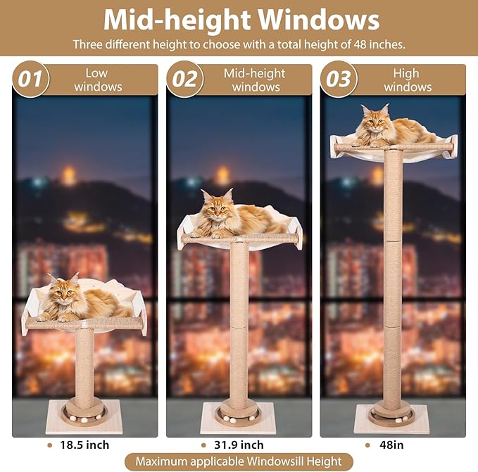 Fantasreen Cat Window Hammock 48" Adjustable Scratching Posts, Multi-Level Window Mounted Cat Tree with Natural Sisal and Track Toys for Large Cats, Climbing, Sunbathing & Bird Watching (Drill-Free)