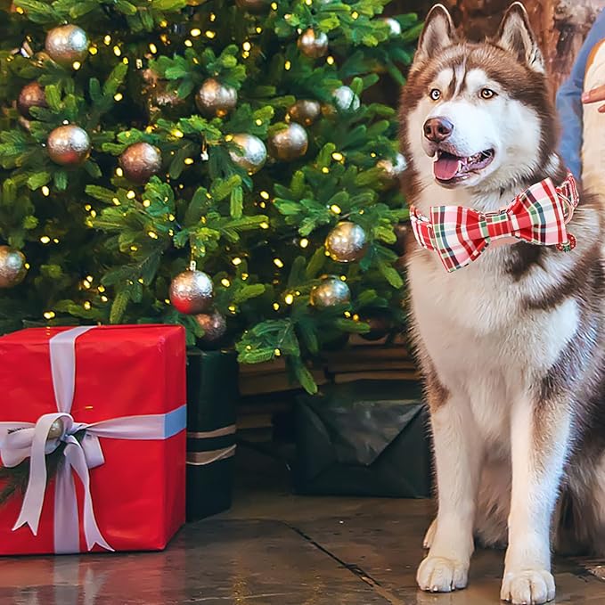 DOGWONG Christmas Dog Collar with Bow Tie - Christmas Red Plaid Puppy Collar, Adjustable Red Checkered Dog Collars for Girl Boy Dogs, M