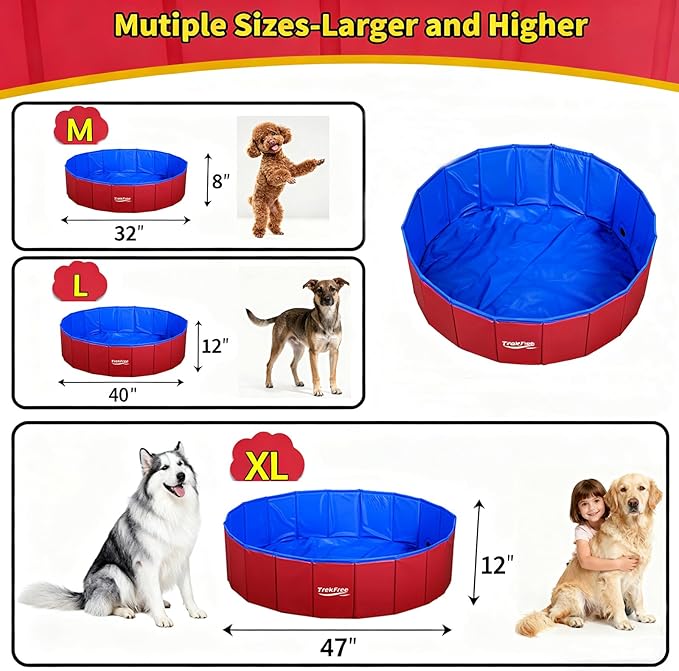 Foldable Pet Pool, Puppy Small Medium Large Dogs Pool, Non-Slip Pet Bath Tub for Outdoor Backyard, Collapsible Dogs Swimming Pool for Dogs Cats and Kids 40" Red