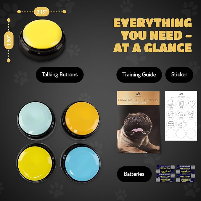 KUL KING'S Waterproof & Non-Slip Dog Talking Buttons - 4 Recordable Buttons with Batteries, Stickers, Training Guide - Talking Dog Buttons for Communication