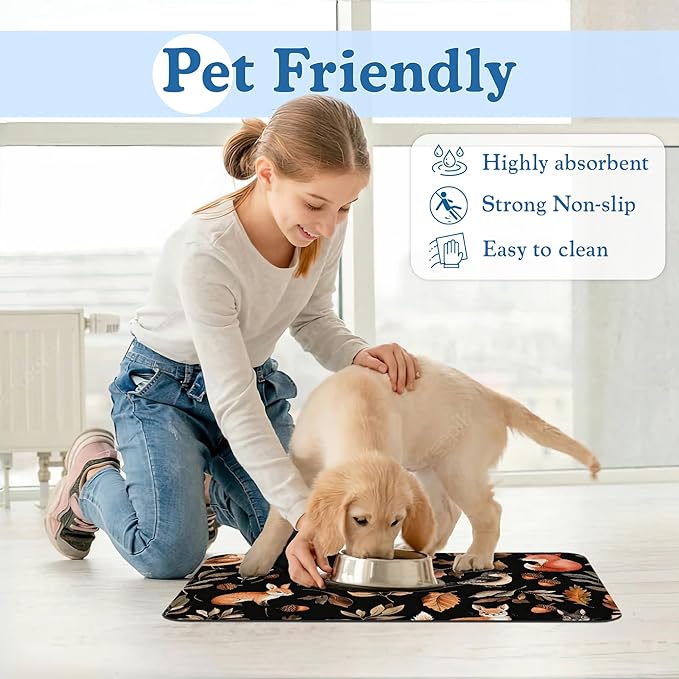 Wild Forest Animals Pet Feeding Mat–Quick Dry Absorbent Dog Cat Food Mat, Non Slip Waterproof Bowl Placemat for Messy Eaters, Pet Accessories for Floors 12"x20"