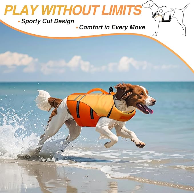 VIVAGLORY Sports Style Dog Life Vest, Dog Life Jacket for Swimming & Boating, Ripstop & Buoyancy for Puppy Doggy, Lifejacket with Handle, L, Dark Orange