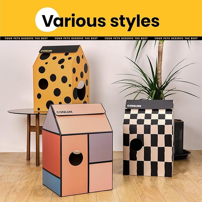Conlun Cardboard Cat House with Scratch Pad & Catnip, Cat Play Scratching House for Indoor Hideaway Furniture, Heavy Duty Sturdy Cardboard Scratcher, Easy to Assemble Birthday Gift, Medium
