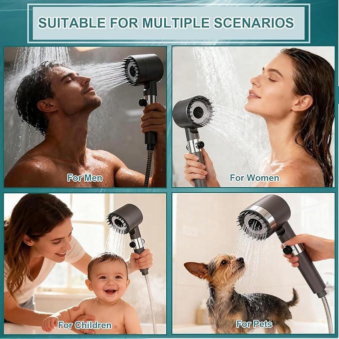 High Pressure Shower Head, 4 Spray Mode High Pressure Filtered Showerhead with 59 Inch Hose and Holder, Massage Handheld Shower Head and Hose Set with Pause Switch for Pets Bath-Remove Chlorine (Gray)