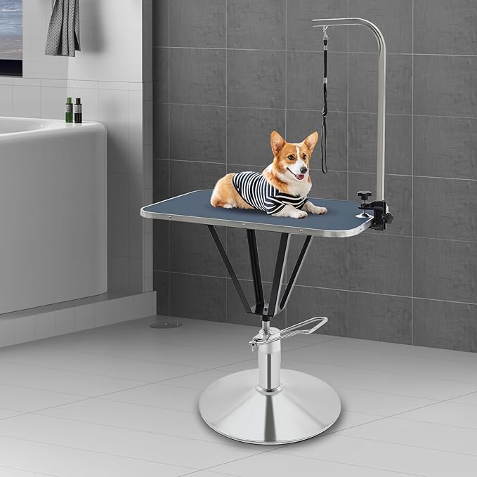 Hydraulic Pet Grooming Table with Adjustable Arms, 360 Degree Table Top Swivel Maximum Load 220 lbs Professional Pet Grooming Table, 34in Hydraulic (Blue,Rectangular)