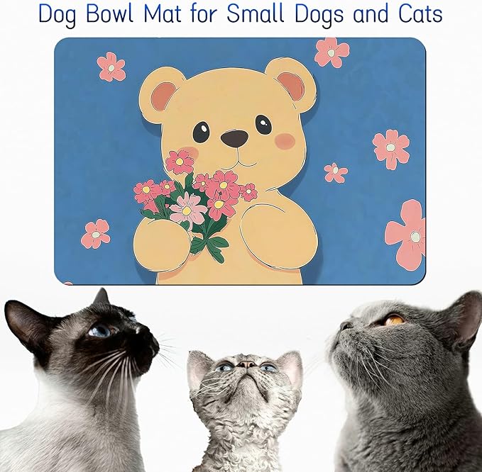 Dog Food Mat, 19.6" x 23.6" Absorbent Pet Feeding Mat for Food and Water, Waterproof Diatom Mud Pet Placemat with Non-Slip Rubber Backing, Easy Clean Cat Bowl Mat for Floors - Pink Flower Bear