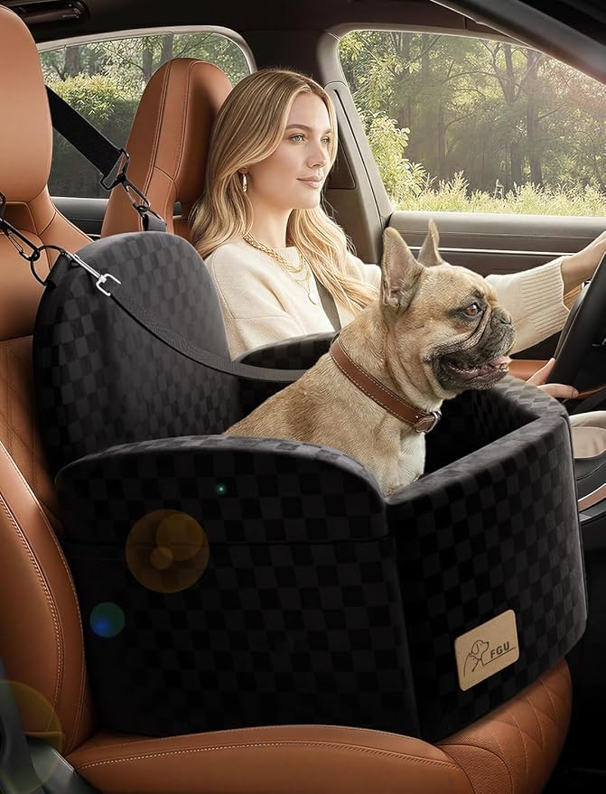Dog Car Seat for Small/Medium Dogs, Elevated Dog Booster Seat with Memory Foam Cushion for Dogs Under 35lbs, Detachable Washable Pet Car Seats with Storage Pockets & 2 Safety Belts (Black)