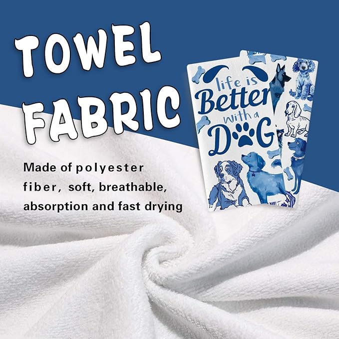 Life is Better with Dog Kitchen Dish Towels Set of 2, Blue German Shepherd Corgi Drying Hand Towel Baking Cooking Cloth, Funny Bathroom Home Decoration Pet Dog Owner Lover Gift 18'' x 26''