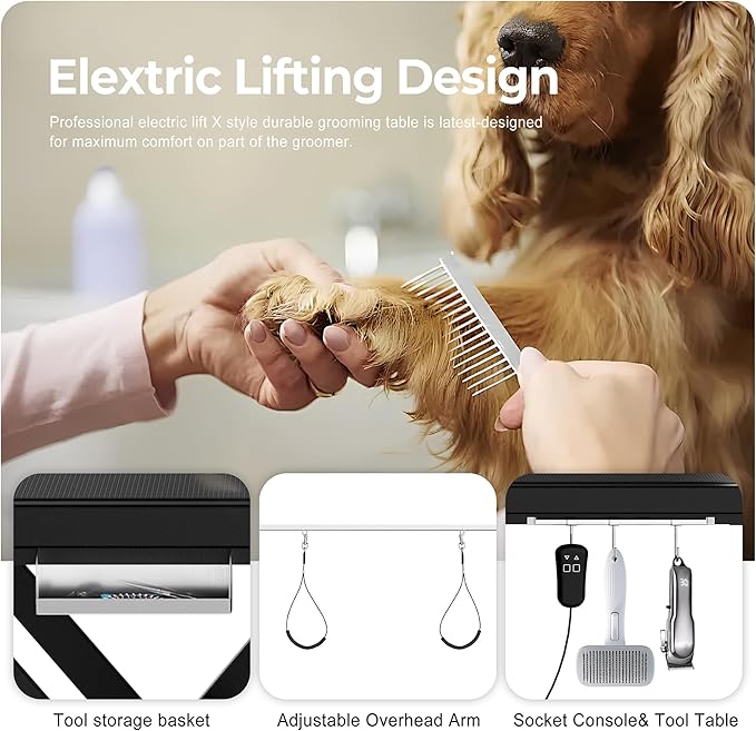 Electric Dog Grooming Table for Large Dogs - Professional Heavy Duty Height Adjustable Home Indoor Pet Grooming Station with Grooming Arm, Anti Slip Tabletop & Tool Organizer, 50''/Black