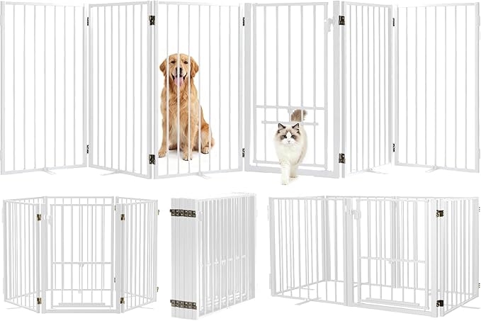 Metal Freestanding Dog Gate with Cat Door for Outdoor & Indoor,34" Tall Foldable Pet Fence,120" Extra Wide Free Standing Dog Gate for RV Camping,Stairs,Hallways,Doorways,Deck,Yard (6 Panels,White)