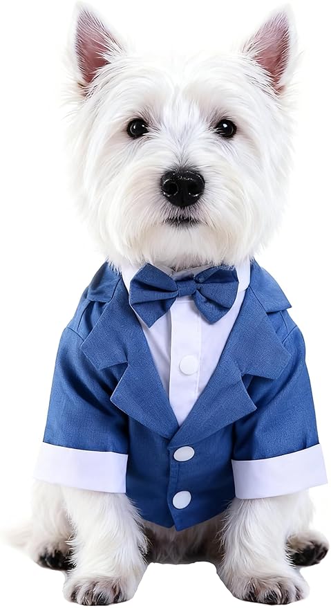 GabeFish Pets Wedding Jackets Suit for Dogs with Bow Tie Puppy Cat Formal Clothes Shirt Tuxedo (Blue, XL (Chest 18.8in/48cm)