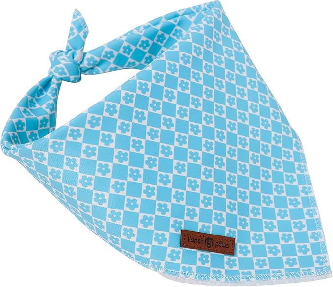 Lionet Paws Spring Summer Blue Grid Dog Bandana Washable Cotton Handkerchief Scarf Triangle Flower Bandana for Medium Large Dogs Girl Boy
