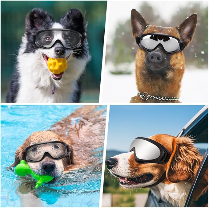 2 PCS Dog Goggles, Dog Sunglasses for Medium & Large Breed, Anti-UV Eye Protection Pet Glasses for Outdoor Hiking (Silver and Clear)
