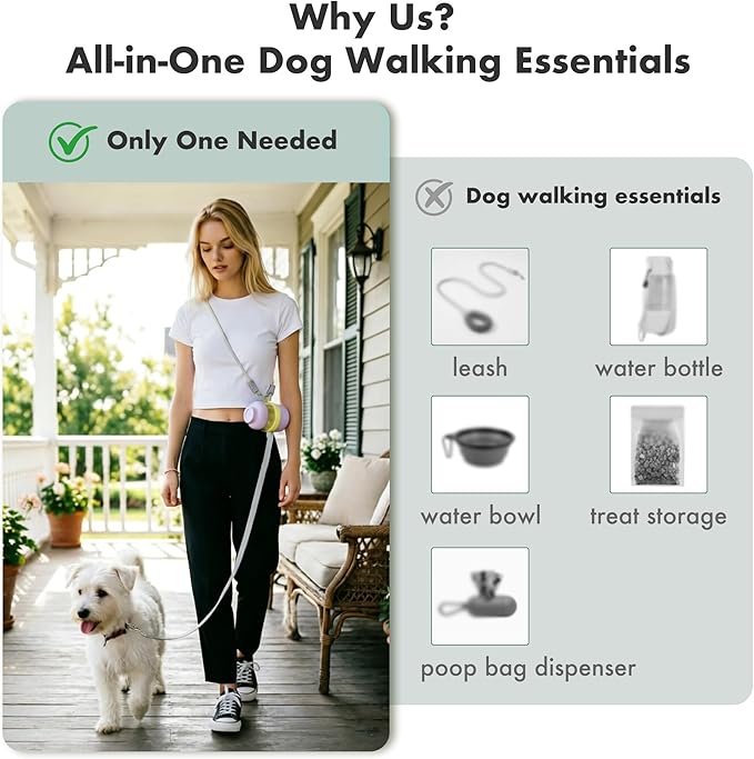 3 in 1 Dog Water Bottle with Crossbody Strap & Retractable Leash, Portable Dog Travel Water Bottle with Treat & Poop Bag Dispenser for Small Dogs Walking Hiking(Off-White)