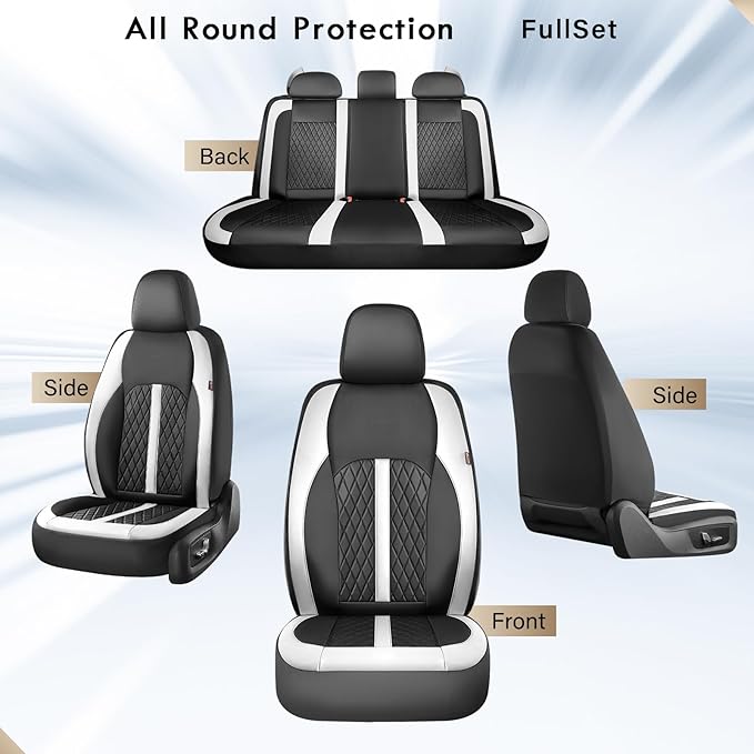 Coverado Universal Leather Seat Covers Full Set for 5 Seats – Waterproof, Durable All-Weather Protector for SUV, Pickup Truck, Sedan, White&Black