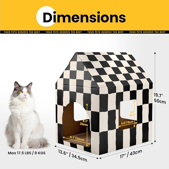 Conlun Cardboard Cat House with Scratch Pad & Catnip, Cat Play Scratching House for Indoor Hideaway Furniture, Heavy Duty Sturdy Cardboard Scratcher, Easy to Assemble Birthday Gift, Large