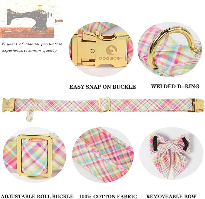 DOGWONG Easer Dog Collar with Sailor Bow,Colorful Plaid Dog Collar, Adjustable Durable Soft Easter Dog Collars for Male Female Puppy,XS