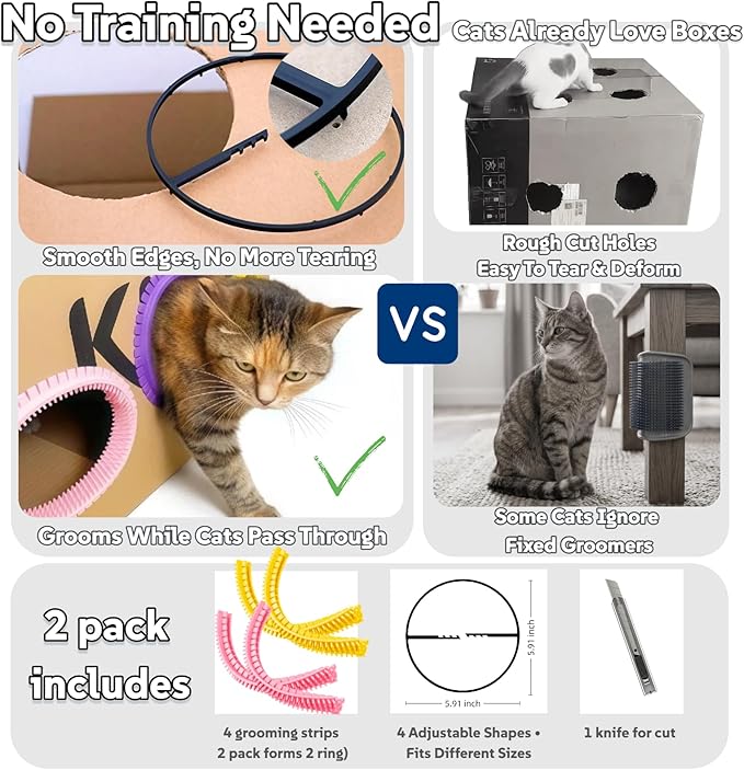Cat Self Groomer Arch for Cardboard Boxes, DIY Cat Tunnel Brush & Massage Comb for Indoor Cats, Interactive Self Grooming Toy for Cat Cave, Hideouts & Enrichment Play 2 Pack (Pink+Yellow)