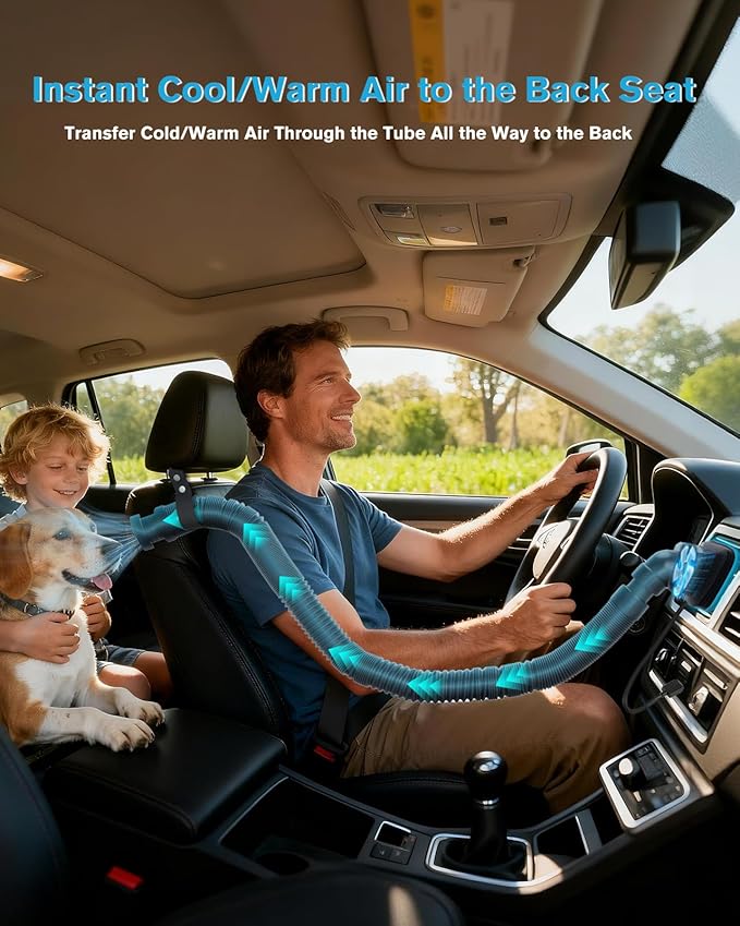 Car AC Vent Extender with Build-in Fan, Extendable Back Seat Air Conditioning, Directs Cool or Warm Air to kids, Elderly & Pets, Portable AC Hose, Universal for Vehicles