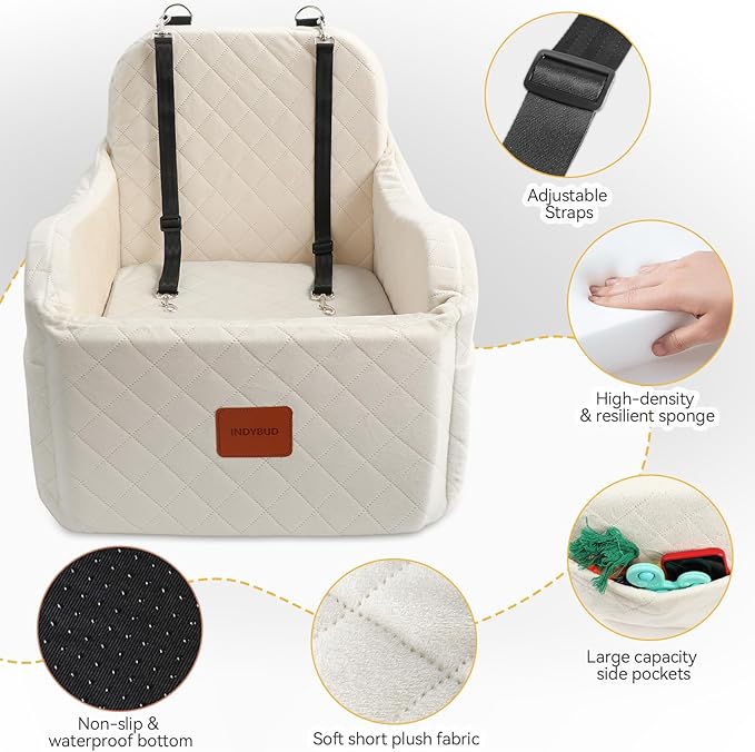 Dog Car Seats for Small Medium Dogs Up to 35lbs, Detachable Washable Soft Pet Booster Travel Bed for Front Seat with Safety Leash Belt (Beige, Medium)