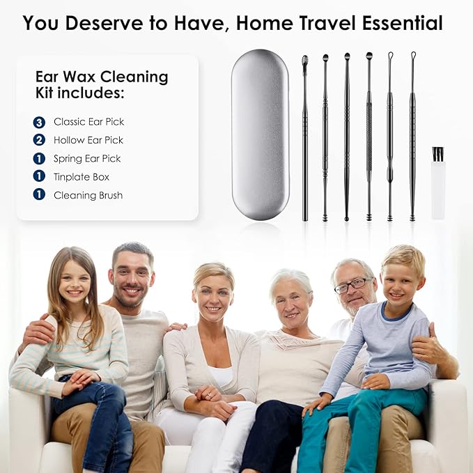 Ear Cleaning Kit,Safe Ear Wax Removal Tool,Earwax Removal Kit,Easy to Use,Painless Ear Pick,with Storage Box and Cleaning Brush (Black)