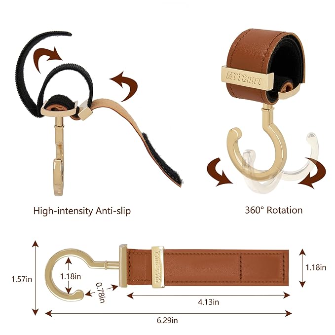 2 Pack Stroller Hooks,Strong Synthetic Leather Hook-and-Loop Fastener&High-Quality Metal Hooks,Universal Bag Clip|360° Rotation, 66lb Capacity,Non-Slip-Fits Wheelchair(Black-Rose Gold)