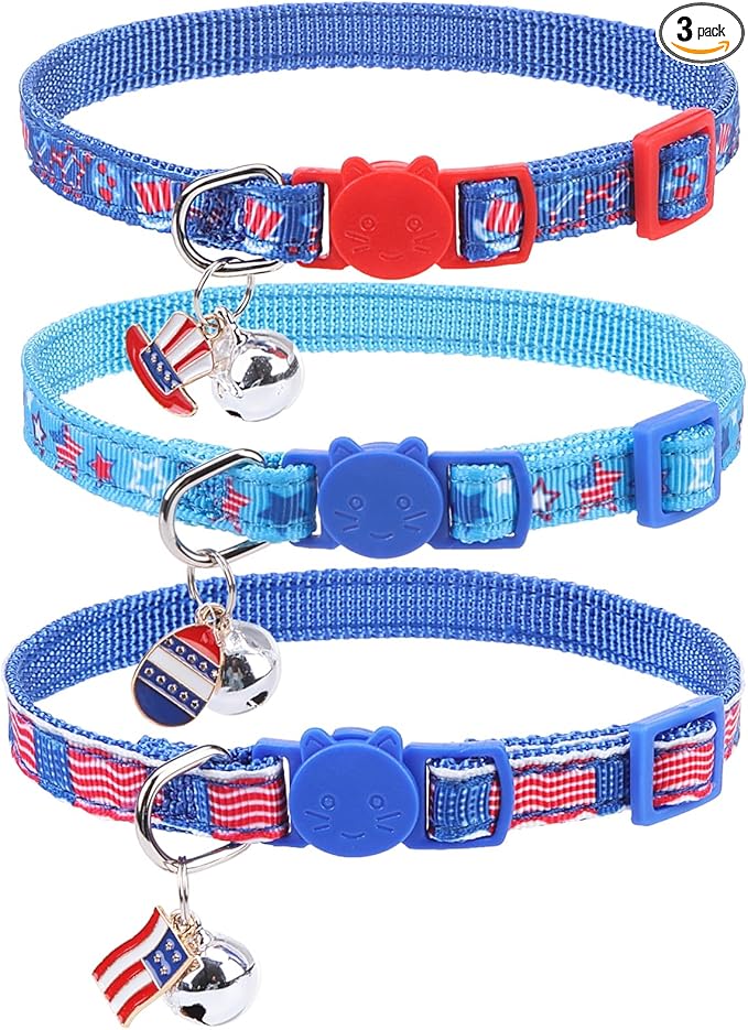 PUPTECK Cat Collar Breakaway with Bells, Kitten Collar Outfit Adjustable for Girl Boy Small Pet Puppy Bunny, Cute Costume Accessory with Safety Release Buckle (Blue-Independence)