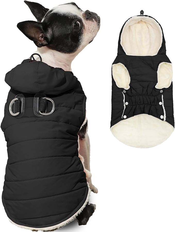 Vecomfy Fleece Lining Dog Hoodie with Harness Built in,Extra Warm Small Dog Jacket in Winter Puppy Coats with Drawstring Hooded,Black XS