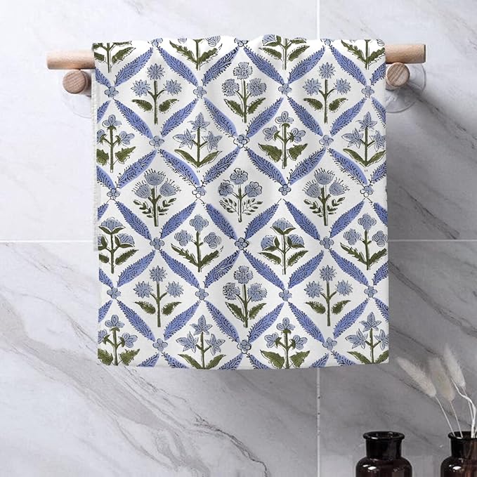 Blue Sage Green Block Print Kitchen Towels Vintage Floral Dish Towel 16×24 Inch Soft Absorbent Spring Summer Flowers Hand Cloths Decorative for Kitchen Drying Set of 2