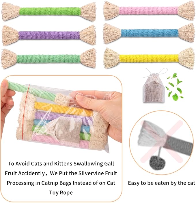 Retro Shaw 6Pcs Cat Chew Ropes with Refillable Natural Catnip,Safe Teeth Cleaning Toy for Indoor Kittens and Cats, Quiet Interactive Kicker String Toys