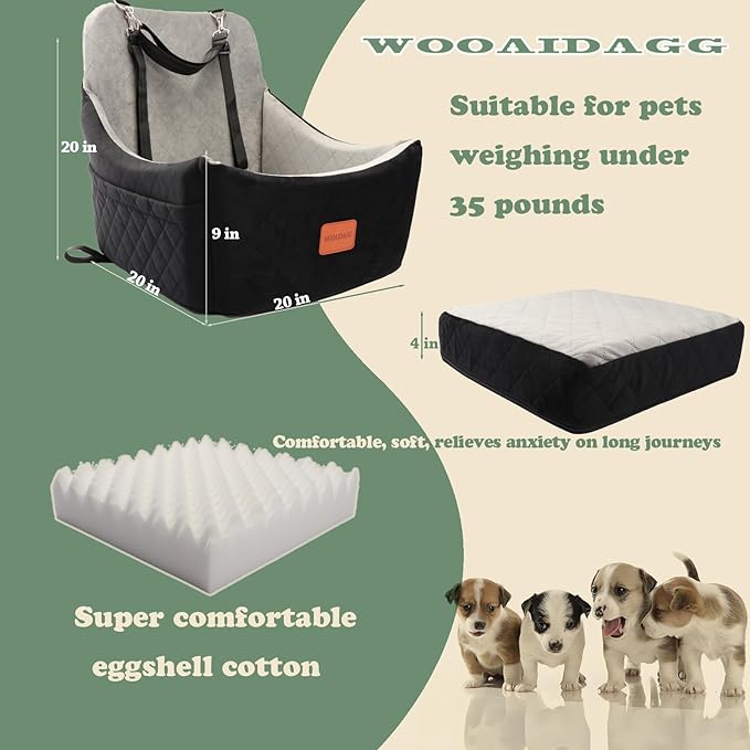 WOOAIDAGG Dog Car Seat for Medium Sized Dog,Pet Travel Car Bed with Seat Belt Channle,Fully Detachable and Washable Car Dog Seat with Adjustable Straps,3 Straps Easy to Install (Black/Grey)