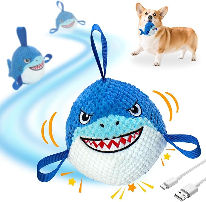 Interactive Dog Toys Bouncing Ball, USB Rechargeable Jumping Squeaky Dog Toy to Keep Them Busy, Fun Moving Toy for Active Dogs, Ideal for Indoor Play, Not for Aggressive Chewers (Blue Shark)