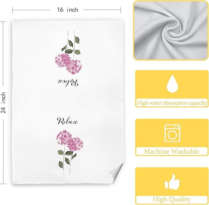 Pink Hydrangea Floral Hand Towels for Spa Gym Bathroom, Rustic Hydrangea Floral Kitchen Towels, Pink Aesthetic Flower Botanical Dish Tea Towels for Kitchen Decor, 16x24 Inch Set of 2