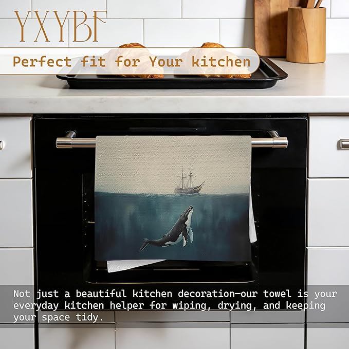 Vintage Nautical Hand Dish Tea Towels for Kitchen Bathroom Decor 16x24 Inches, Whale Lover Gifts, Coastal Ocean Humpback Whale Sailing Kitchen Towels Decorative