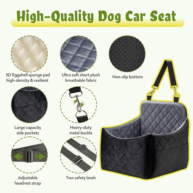 Dog Car Seat for Small/Medium Dogs, Dog Booster Car Seats with Thick Cushion for Dogs Under 32lbs, Detachable Washable Cover, 2 Safety Belts & Storage Pockets