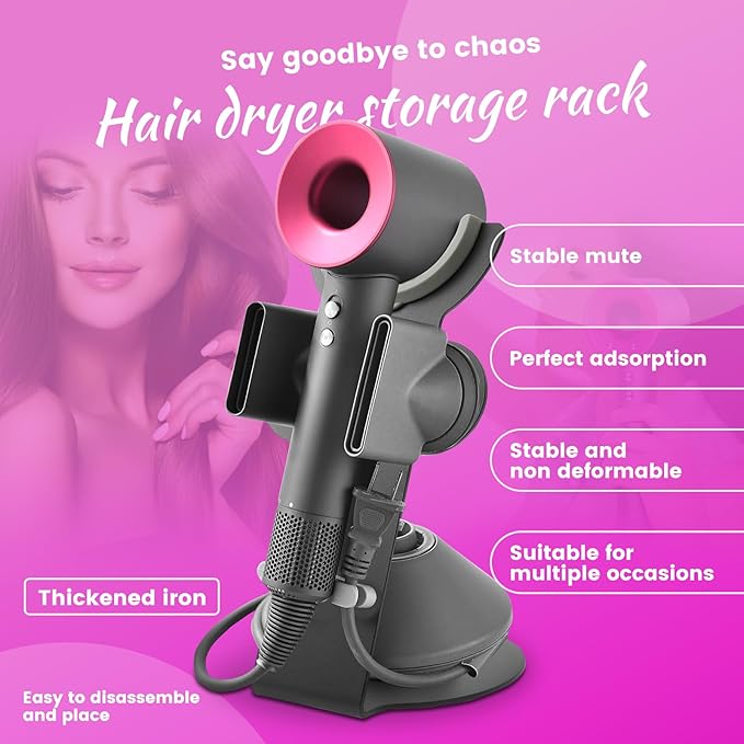 Hair Dryer Holder Stand Compatible with Dyson, Magnetic Stand with Power Plug Cable Organizer, Countertop Blow Dryer,Diffuser and Nozzles Bracket- Rust Resistant Organizer for Bedroom Washroom and Bathroom