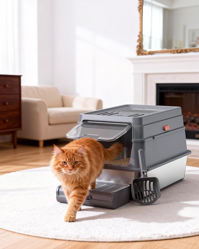 Powools Cat Litter Box - Stainless Steel Litter Box with Lid for Kitty, Metal Base Enclosed Cat Box with Litter Scoop, Elevated Step Box, Activated-Carbon Pack, 23.6" x 15.7" x 15", Grey