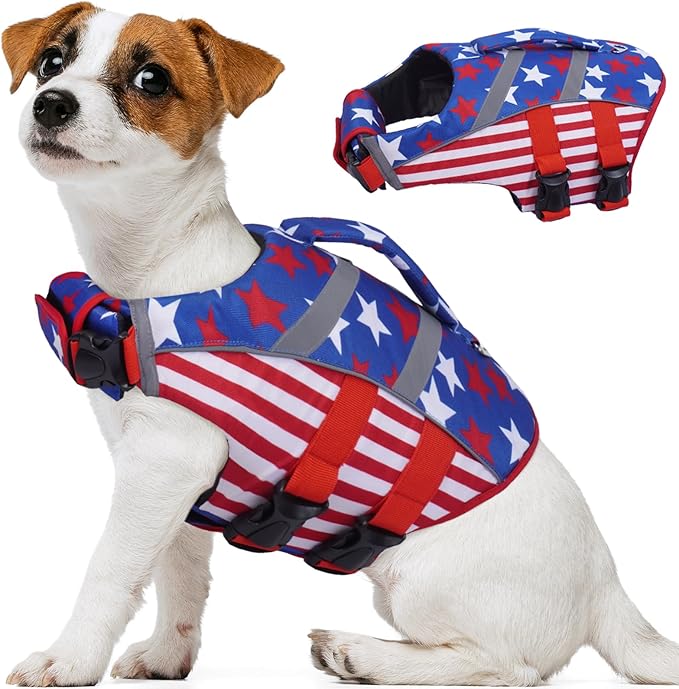 Kuoser Dog Life Jacket with Reflective Stripes, Dog Life Vest for Swimming Boating, Adjustable Pet Lifejackets with High Flotation, Doggie Swimsuit for Small Medium Large Dogs