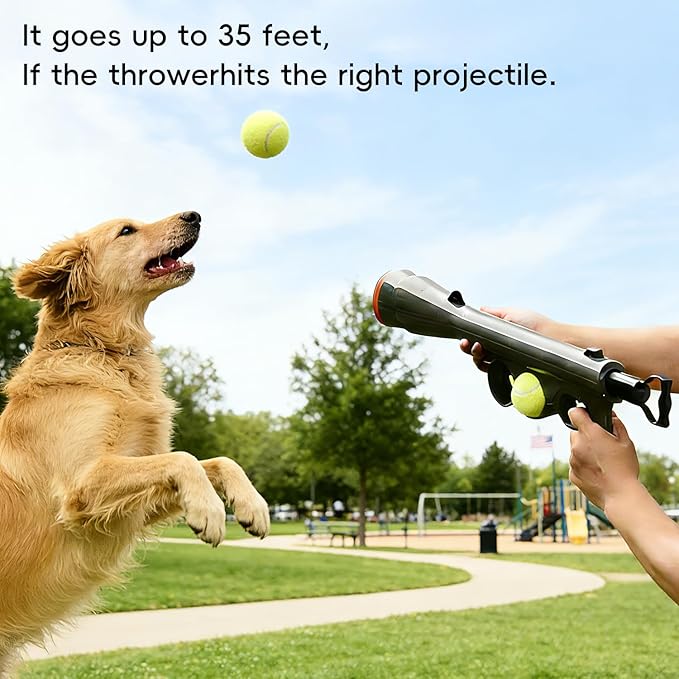 Tennis Ball Launcher for Dogs,Interactive Dog Fetch Toy Launches Up to 65 Ft,Hands-Free Ball Pickup Dog Ball Thrower with 2 Tennis Balls & Removable Shoulder Strap-24 Inch