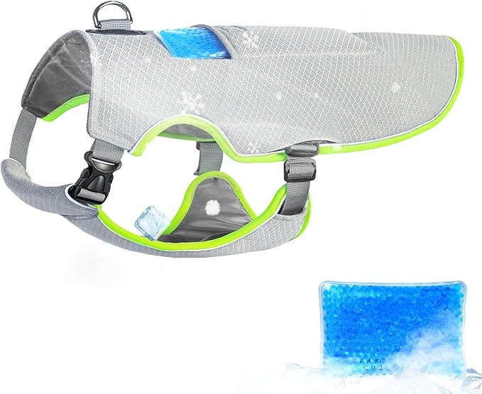 Mora Pets Dog Cooling Vest with Ice Packs, Reflective Adjustable Cooling Vest for Dogs with Leash Ring for Hot Weather Cooling Harness for Large Medium Dogs Grey(PDV-Gel-GM)