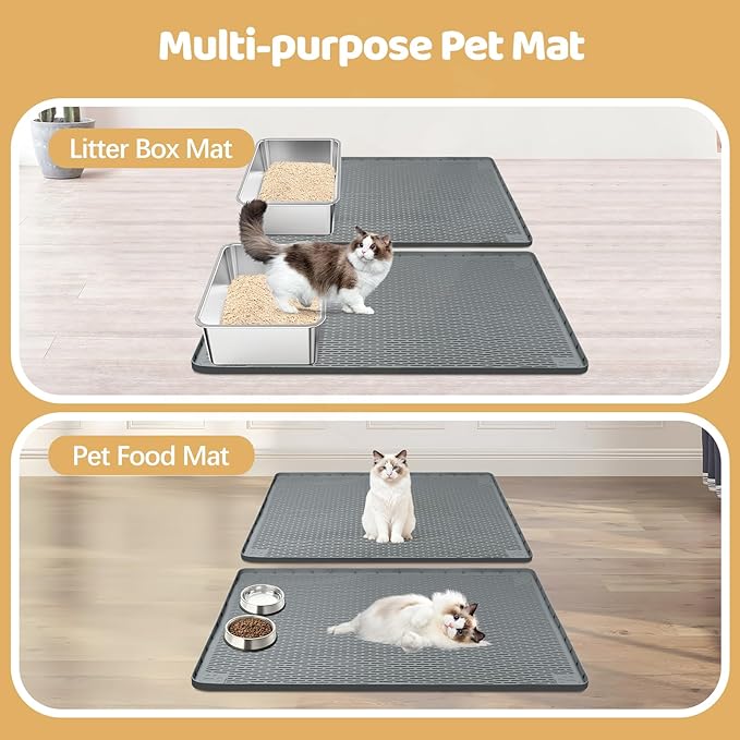 Cat Litter Mat, 2 Pack Large 34" x 22" Silicone Mat Litter Trapping Mat for Scatter Control, Soft on Kitty Paws, Easy to Clean (Dark Grey)