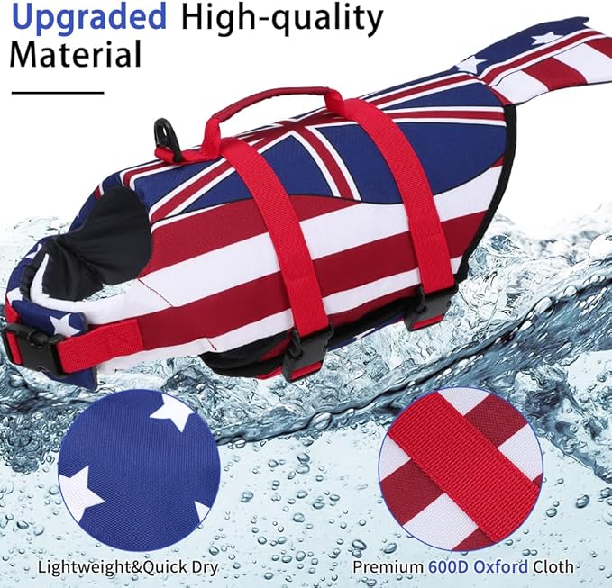 EMUST Mermaid Life Jackets for Dogs, Adjustable Ripstop Dog Life Vest for Water Safety Pet Life Vest with Rescue Handle Safety Vest for Swimming Pool Beach Boating, (L,FlagMermaid)