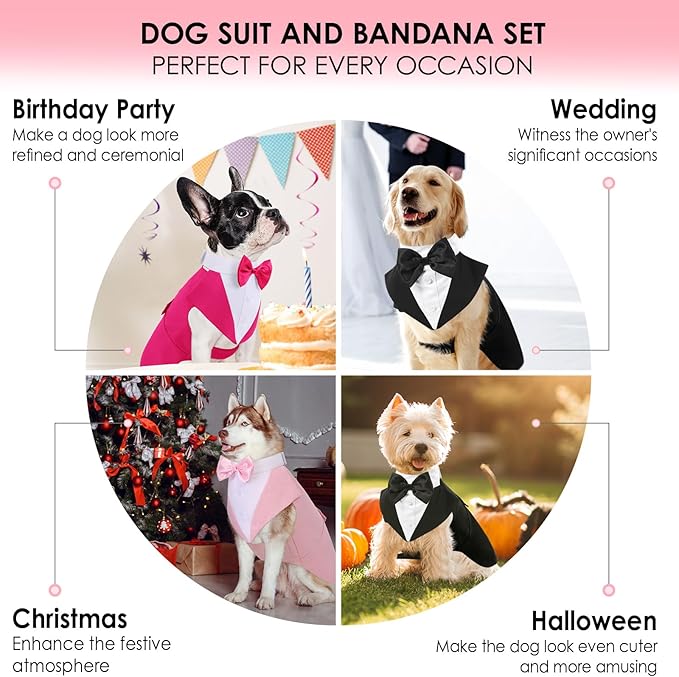 AOFITEE Dog Tuxedo Formal Dog Suit and Bandana Set, Gentle Dogs Wedding Party Suit Bow Tie Shirt, Tuxedo for Small Dogs Costume Outfit with Detachable Bowtie Collar for Christmas Halloween Dress Up