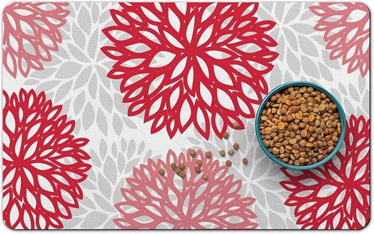 Dog Food Mats for Floors, Absorbent and Quick-Drying Pet Cat Food Mat,Anti-Fouling and Easy-to-Clean Pet Feeding Mat,Dog Bowl Mat for Messy Drinking Water Bowls.17x32, Bohemia Dahlia Floral Style